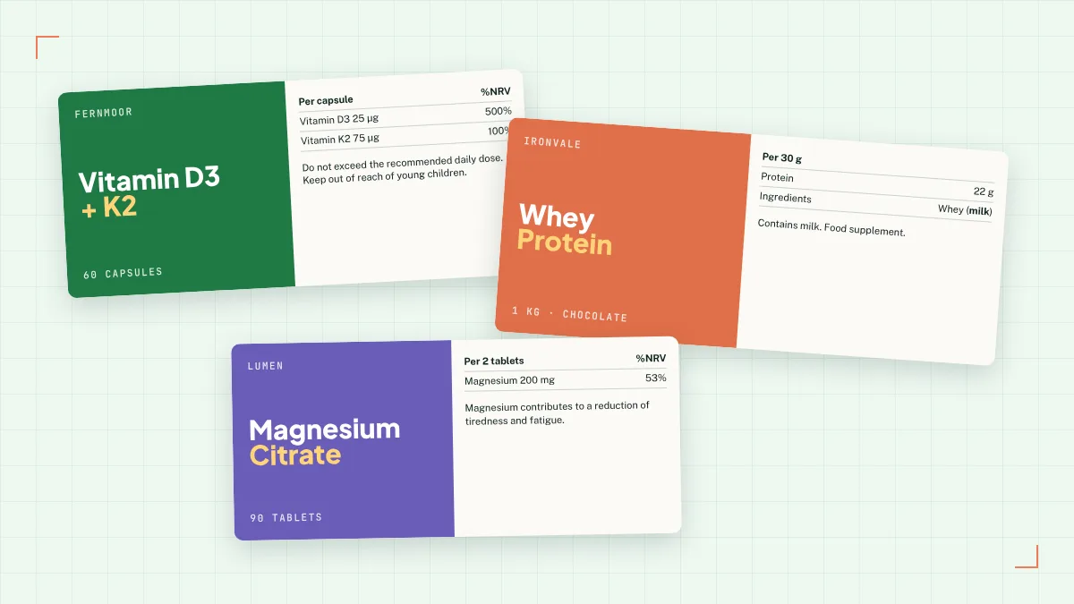 Printed vitamin and protein labels for Cubert supplement brands